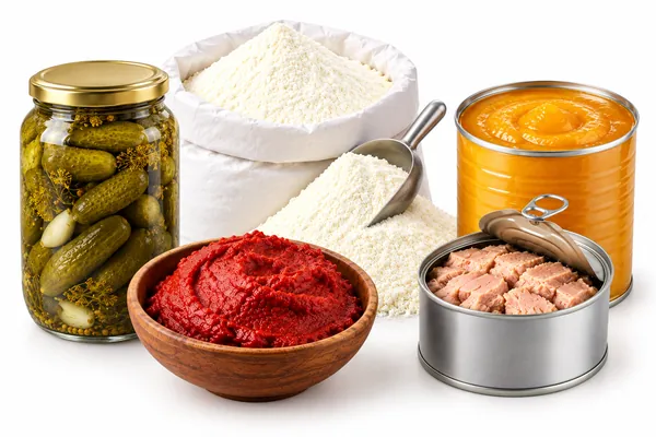 Processed foods — pickled cucumbers, tomato paste, canned tuna, a sack of milk powder and a can of concentrate