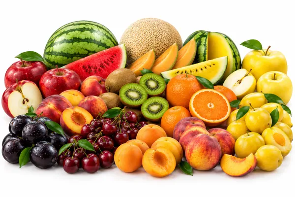 Fresh fruit — watermelon, melon, apples, kiwi, oranges, peaches, apricots, cherries and plums