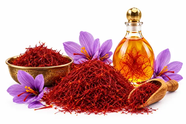 Red saffron threads in a brass bowl and a wooden scoop beside saffron crocus flowers