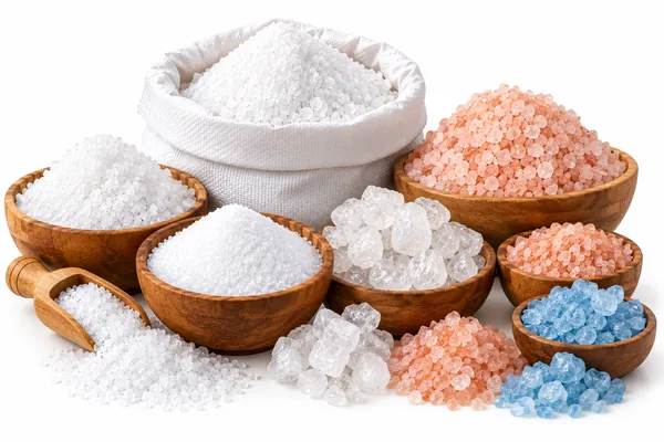 White, pink and blue rock salt grades in wooden bowls beside a woven sack