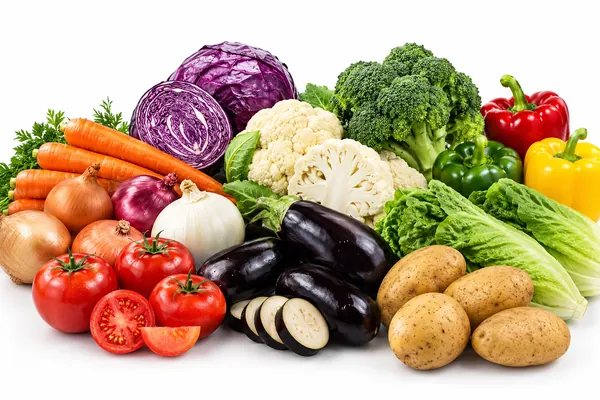 Fresh vegetables — tomatoes, onions, carrots, cabbage, cauliflower, broccoli, peppers, eggplant, lettuce and potatoes