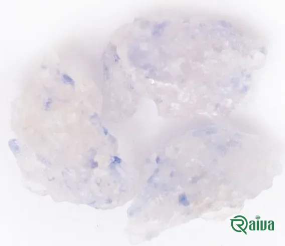 Rare blue-hued rock salt crystals in a wooden bowl (view 6)