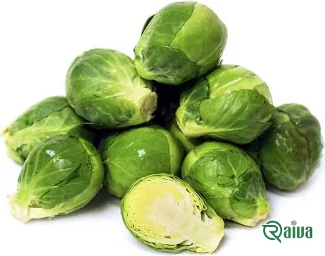 Brussels sprouts trimmed from the stalk, one cut in half (view 1)