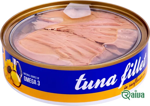 A round can of tuna fillet in sunflower oil under a clear peel-off lid (view 1)