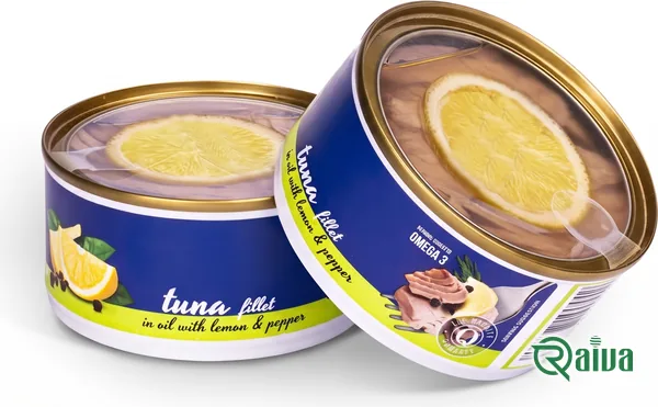 A round can of tuna fillet in sunflower oil under a clear peel-off lid (view 2)
