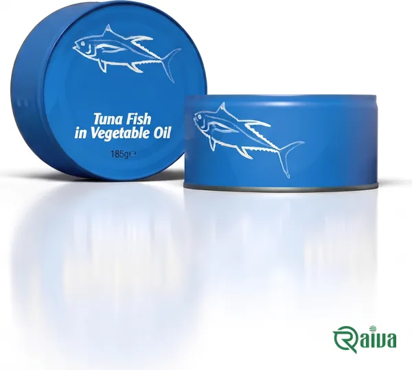 A round can of tuna fillet in sunflower oil under a clear peel-off lid (view 3)