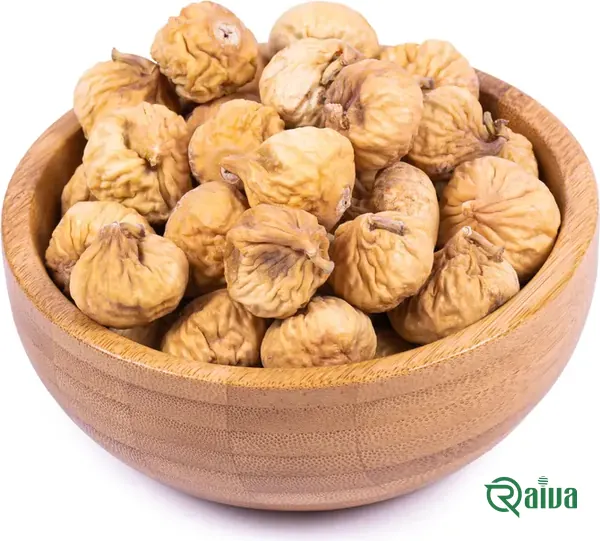 Whole pale dried figs in a wooden bowl