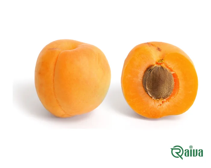 Two ripe apricots, one halved to show the stone