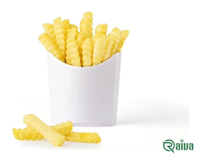 Par-fried frozen potato chips in a serving carton