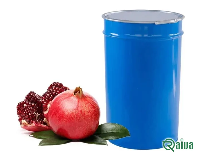 A bulk drum of fruit juice concentrate beside a whole pomegranate