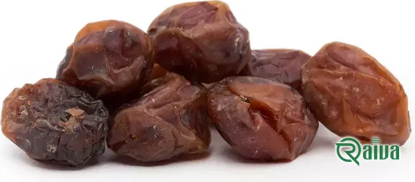 Reddish-brown semi-dry Khasouei dates in a wooden bowl (view 2)