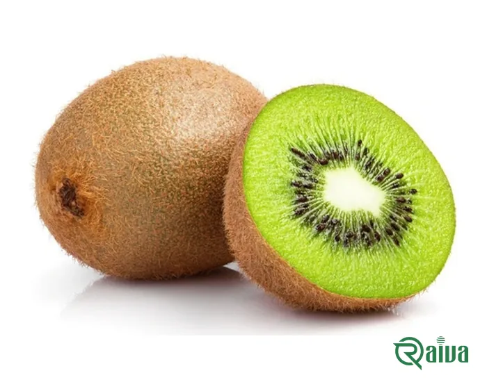 A whole kiwifruit beside a cut half showing bright green flesh