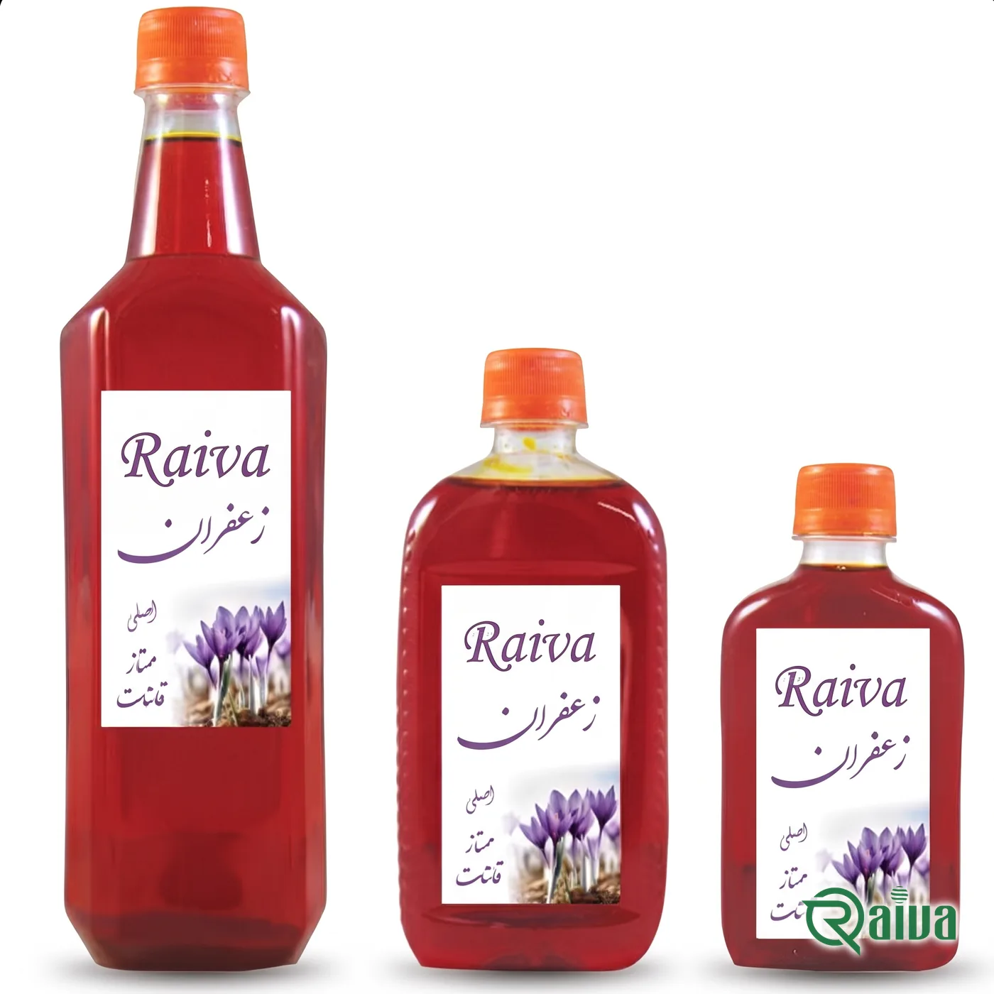 Three bottles of deep red liquid saffron extract in different sizes, under the Raiva label