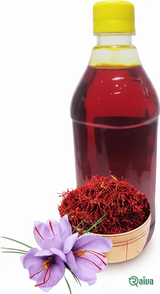 Three bottles of deep red liquid saffron extract in different sizes, under the Raiva label (view 2)