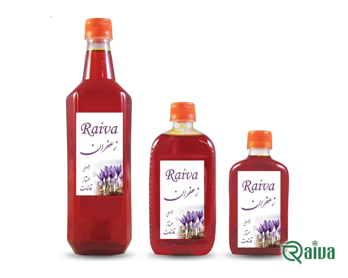 Three bottles of deep red liquid saffron extract in different sizes, under the Raiva label