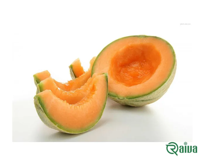 A netted-rind melon cut open to show orange flesh
