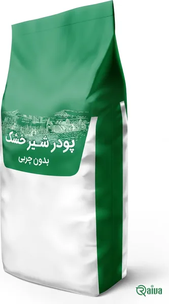 A green and white bulk bag of skimmed milk powder (view 1)
