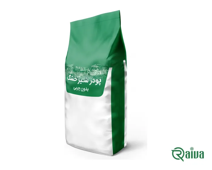 A green and white bulk bag of skimmed milk powder