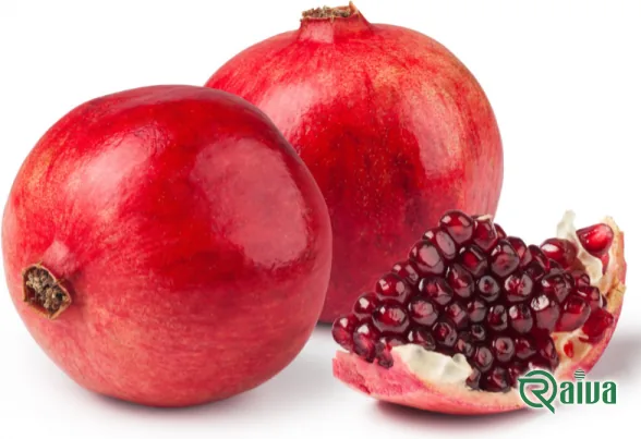 Two whole red pomegranates beside a broken piece full of dark red arils (view 12)
