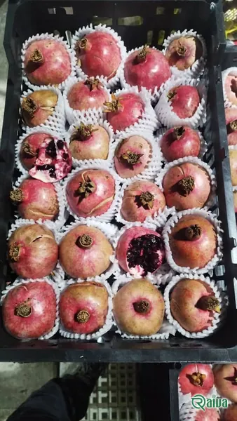 Two whole red pomegranates beside a broken piece full of dark red arils (view 21)