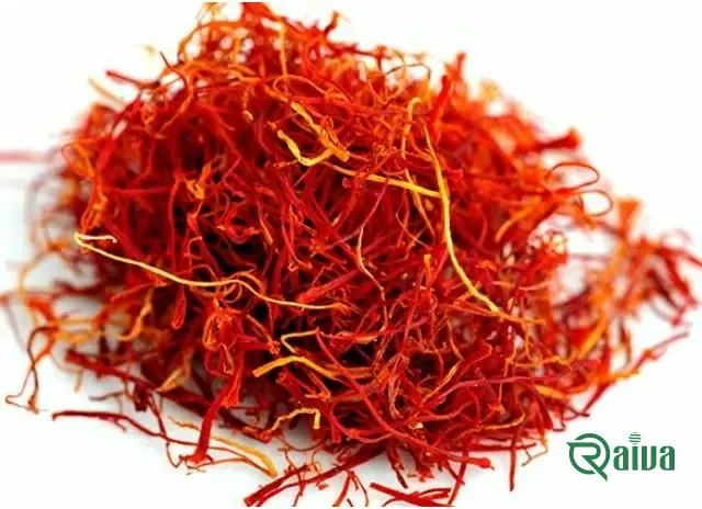 Loose red saffron threads, some with their orange-yellow style ends
