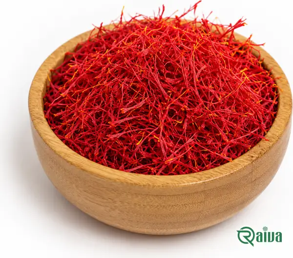 Loose red saffron threads, some with their orange-yellow style ends (view 2)