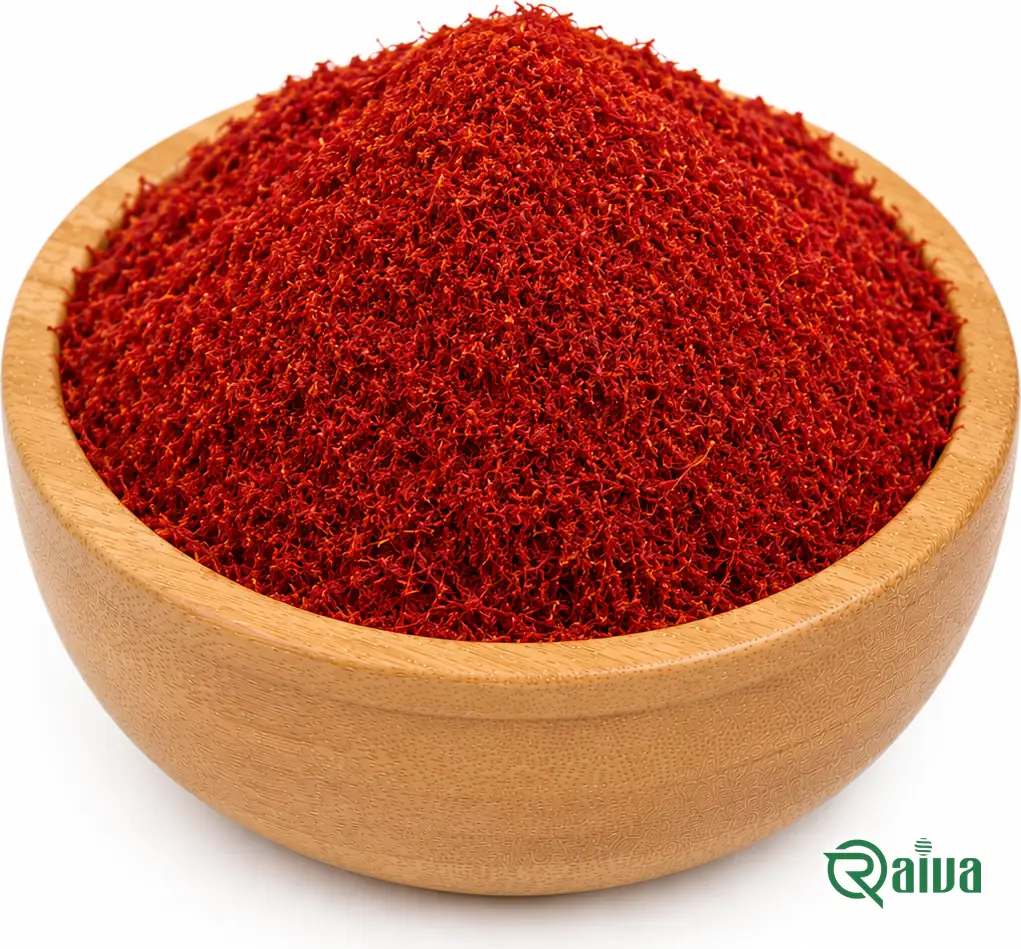Fine red saffron powder in a wooden bowl