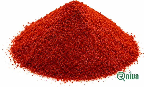Fine red saffron powder in a wooden bowl (view 2)