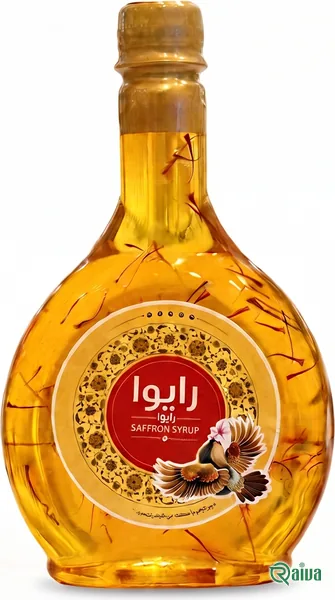A round glass bottle of golden saffron syrup with threads inside, under the Raiva label (view 1)