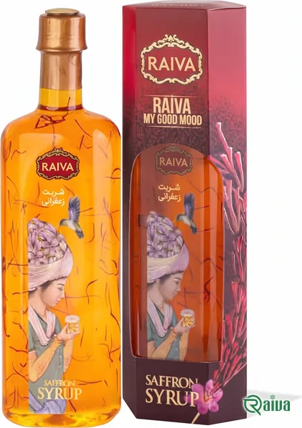 A round glass bottle of golden saffron syrup with threads inside, under the Raiva label (view 2)