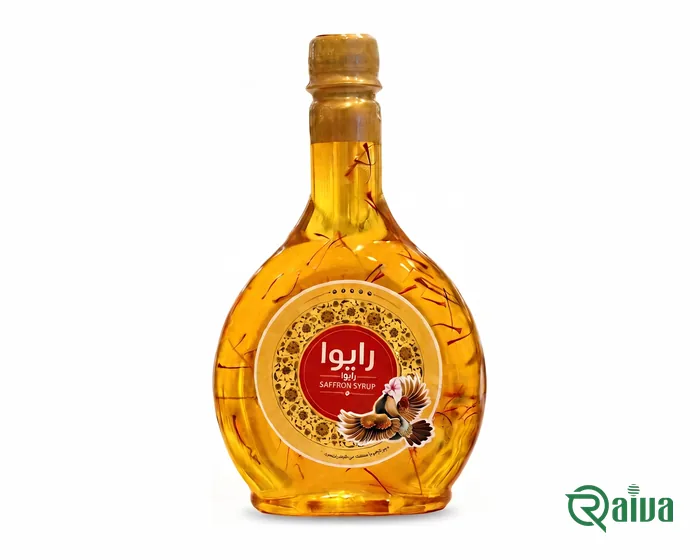 A round glass bottle of golden saffron syrup with threads inside, under the Raiva label