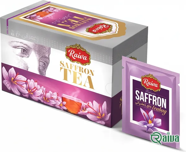 A Raiva saffron tea box beside a single wrapped tea bag (view 1)