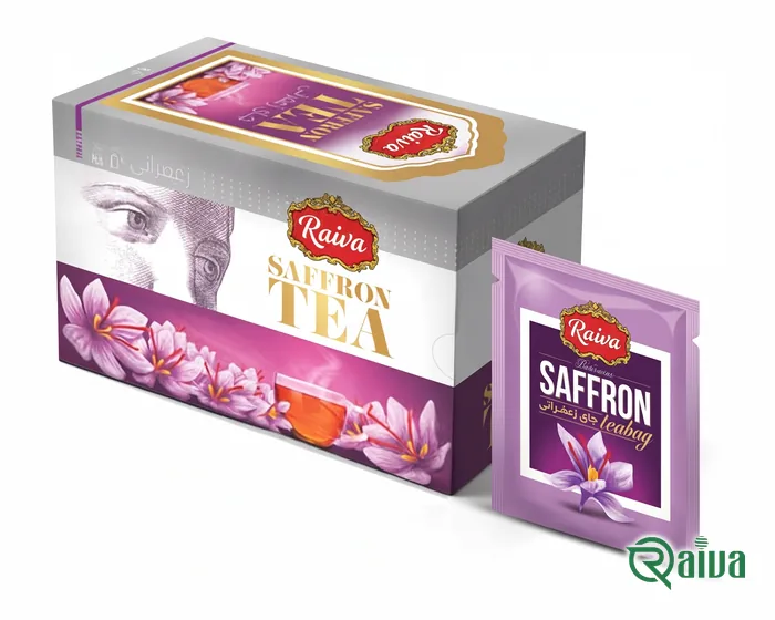 A Raiva saffron tea box beside a single wrapped tea bag