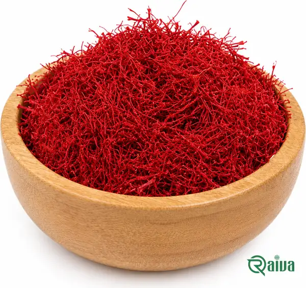 All-red Sargol saffron threads heaped in a wooden bowl (view 1)