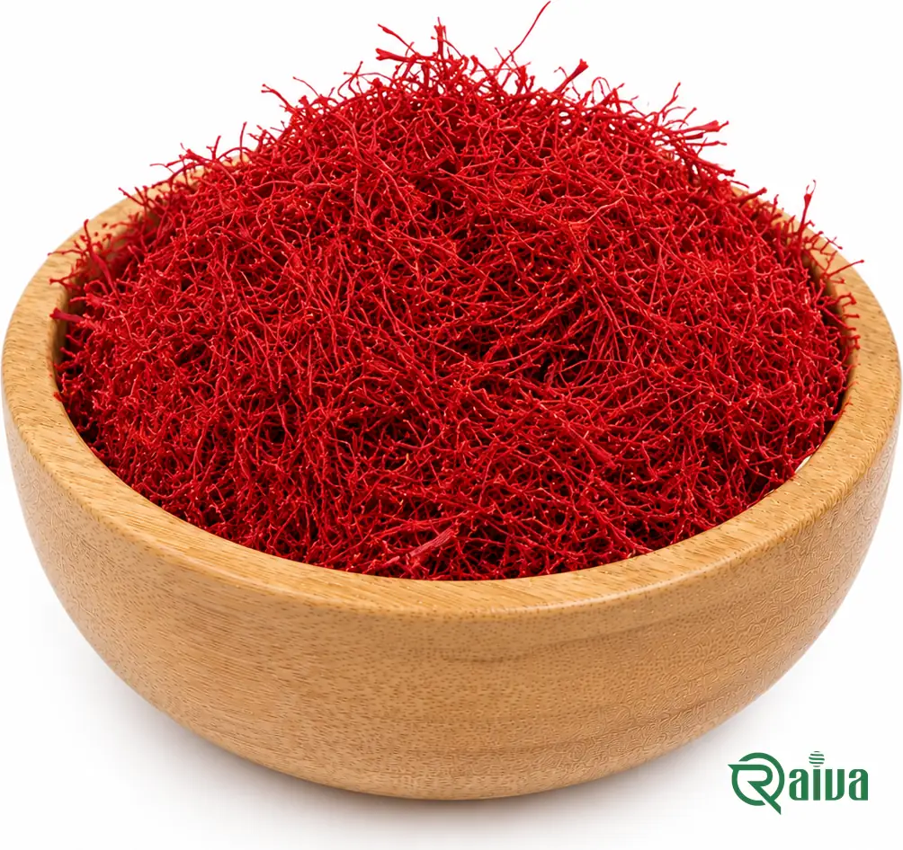 All-red Sargol saffron threads heaped in a wooden bowl