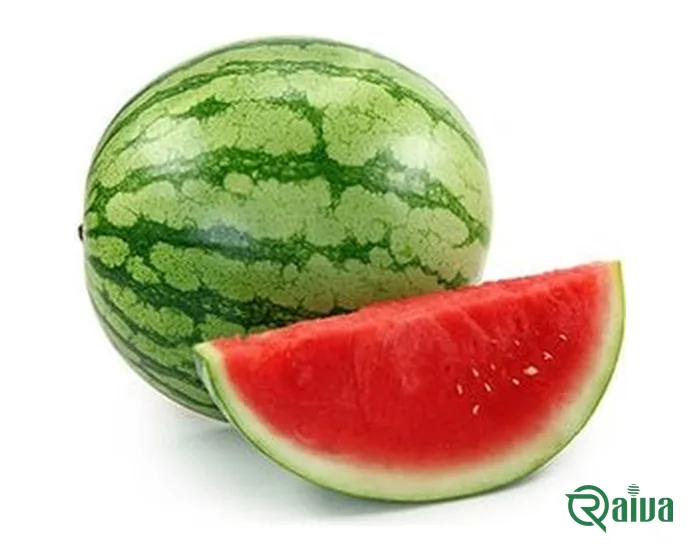 A whole green-striped watermelon with a cut wedge of red flesh